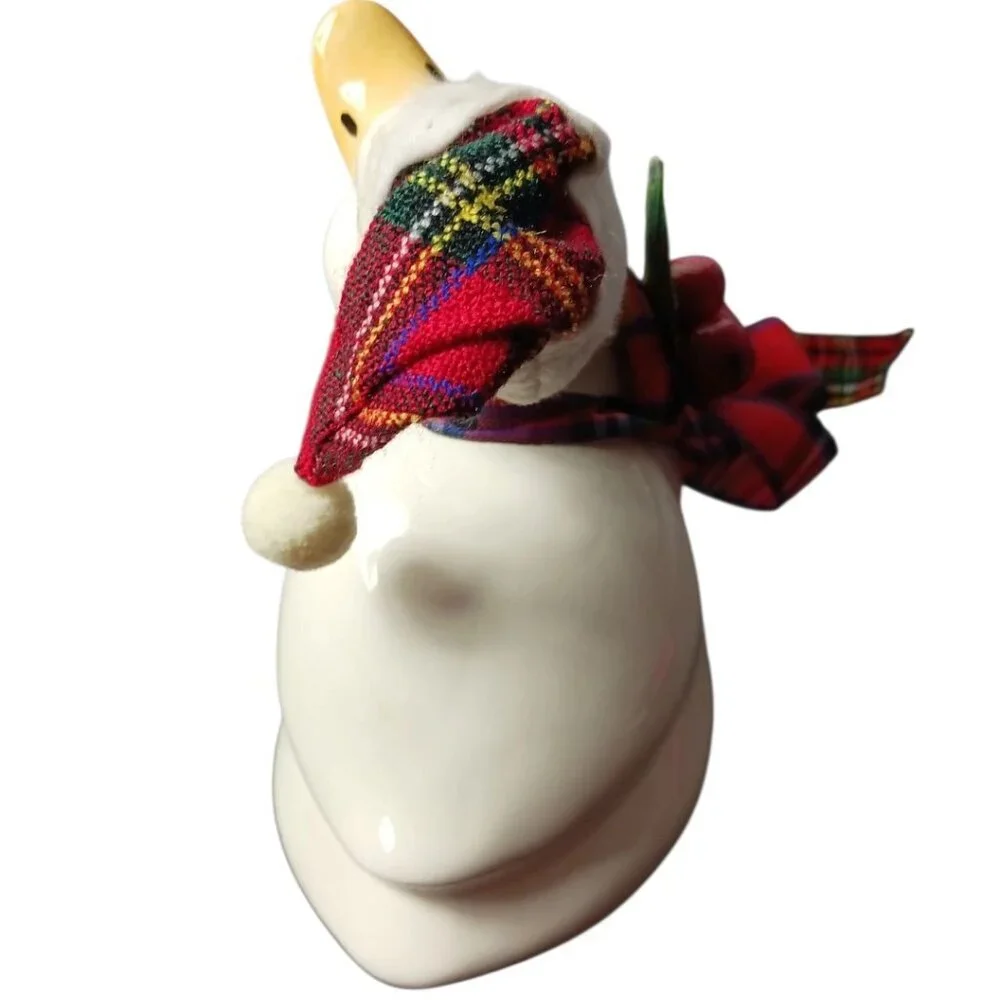 Vintage Holiday Ceramic Duck Figurine W/ Hat & Plaid Scarf White/Yellow 7